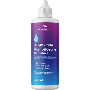 Glamlens Kontaktlinsen Flüssigkeit MIT HYALURON - 350ml Kontaktlinsenflüssigkeit Pflegemittel ALL IN ONE Kombilösung für weiche Linsen mit Behälter

