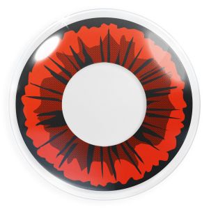 Das Produktfoto zeigt unsere Crazy rote Farbige Kontaktlinse Engel in einem echten Auge von ganz nah
