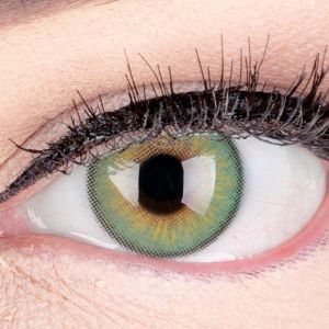 Das Produktfoto zeigt unsere Farbige Grüne Kontaktlinse "Elly Emerald" in einem echten Auge