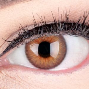 Das Produktfoto zeigt unsere Farbige Braune Kontaktlinse "Elly Hazel" in einem echten Auge