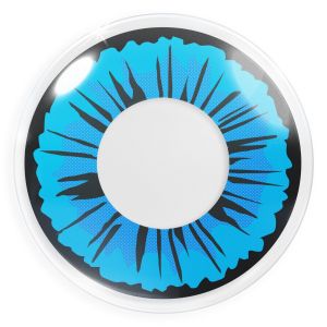 Das Produktfoto zeigt unsere Crazy blaue Farbige Kontaktlinse Kami in einem echten Auge