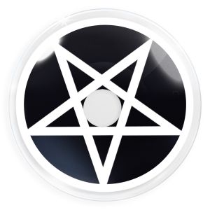 Das Produktfoto zeigt unsere Crazy schwarze Farbige Kontaktlinse Pentagram in einem echten Auge