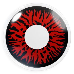 Das Produktfoto zeigt unsere Crazy rote Farbige Kontaktlinse Red Demon in einem echten Auge
