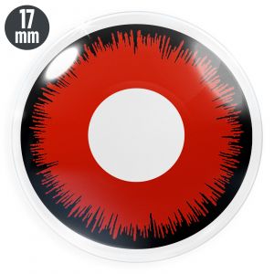 Das Produktfoto zeigt unsere Crazy rote Farbige Kontaktlinse Red Lunatic in einem echten Auge von ganz nah