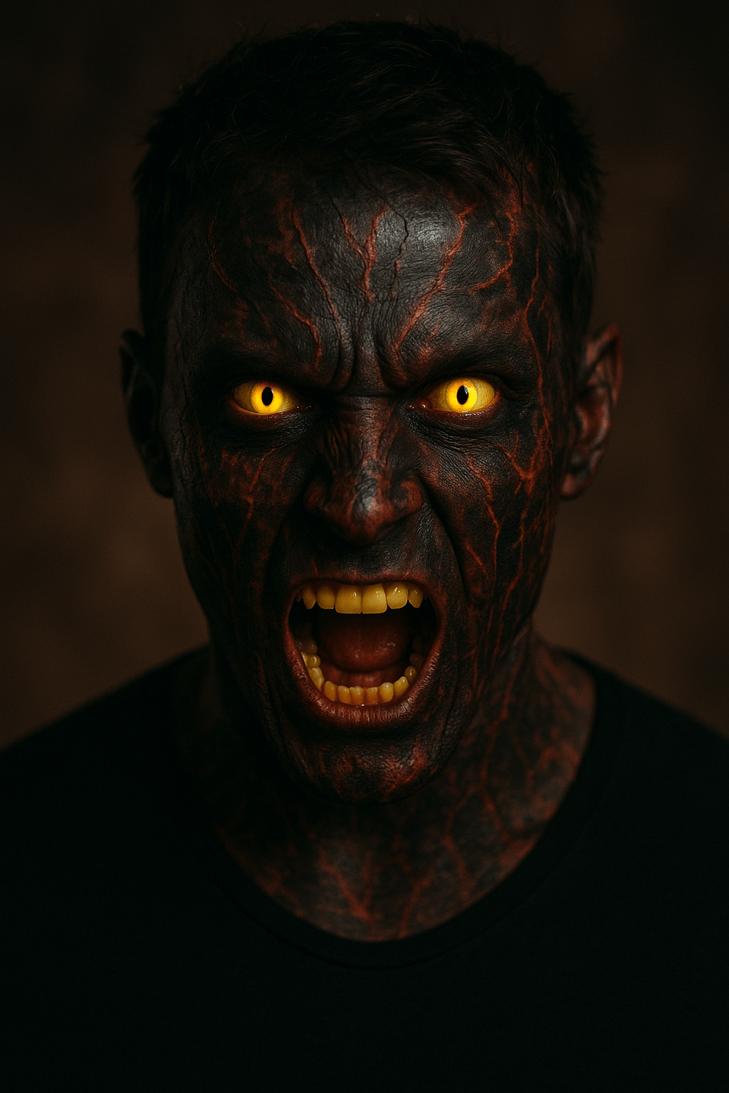 Halloween Dämon mit gelben leuchtenden Kontaktlinsen und rissiger schwarzer Haut