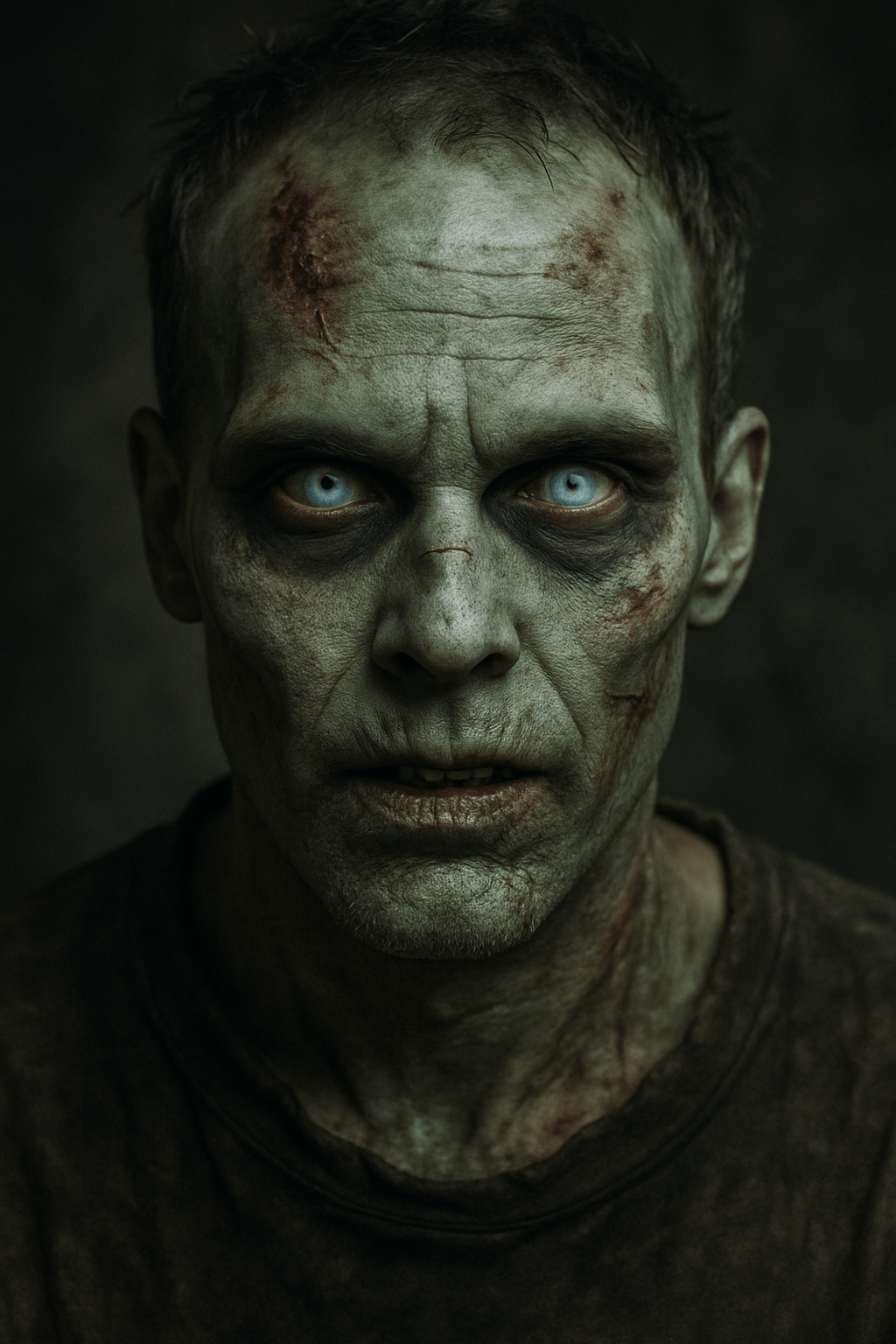 Realistisches Halloween-Make-up mit weißen Zombie-Kontaktlinsen und verfallenem Gesicht